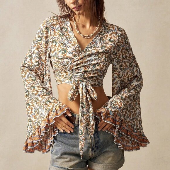 Apricot Boho Women's Bohemian Style Printed Long Sleeve Tie Front Cropped Blouse - Picture 4 of 7